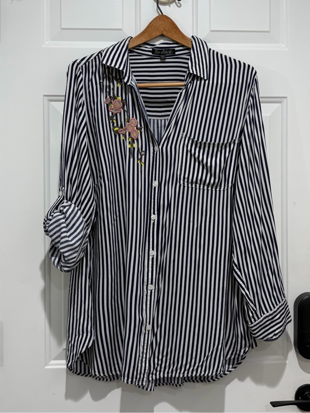 New Leaf Striped Button-Down Shirt with Floral Embroidery - Navy/White, 2X
